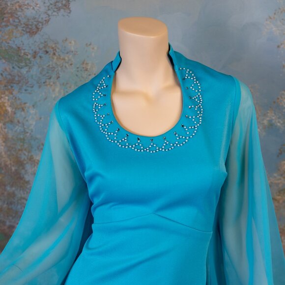 Vintage 70s ANGEL SLEEVE TURQUOISE Pearl Rhinestone Maxi Dress - Picture 5 of 12